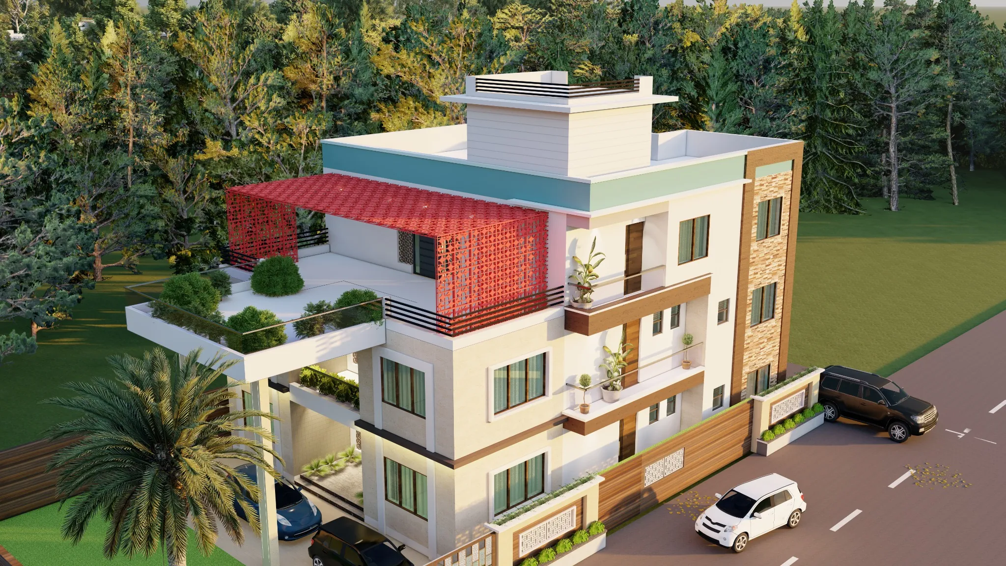 Three-storey modern residential building elevation featuring terrace garden, red jaali pergola and landscaped balconies.