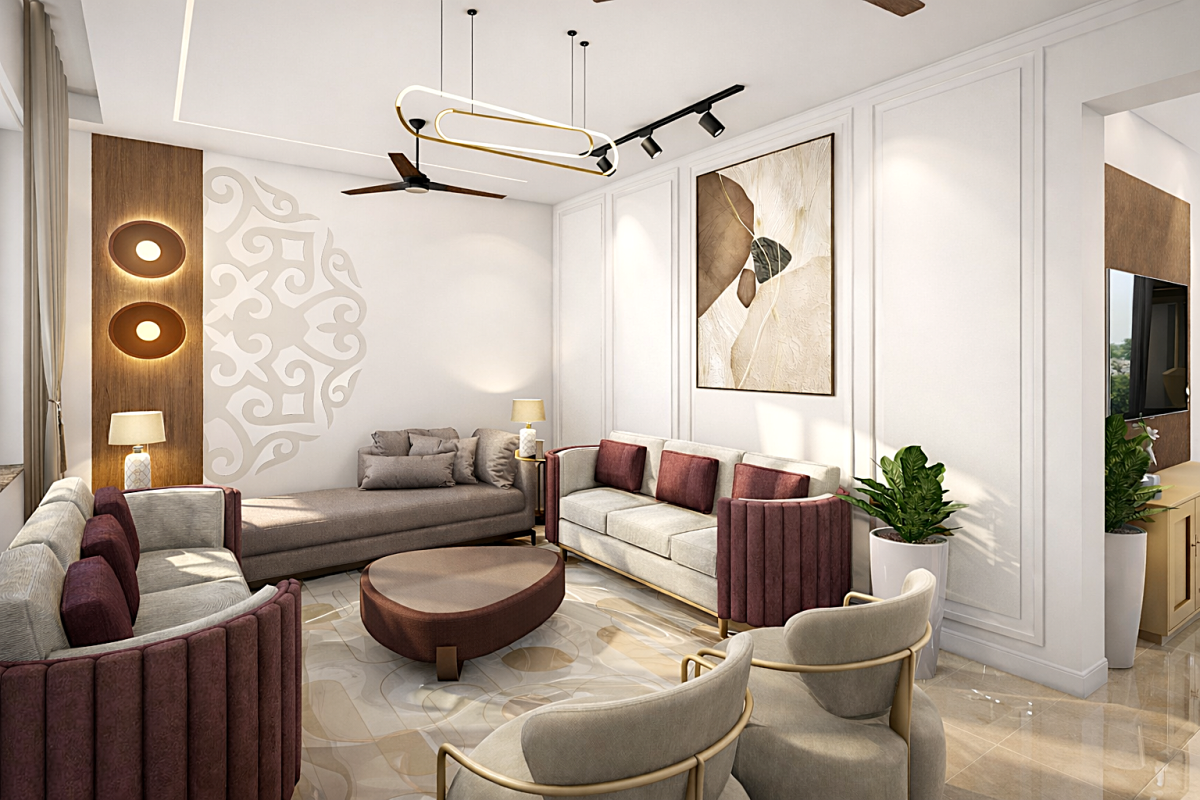 A modern living room featuring a combination of stylish seating, including a sectional sofa, accent chairs, and a coffee table. The decor includes a large wall art piece, unique light fixtures, and indoor plants, all set against a neutral color palette and elegant architectural details.