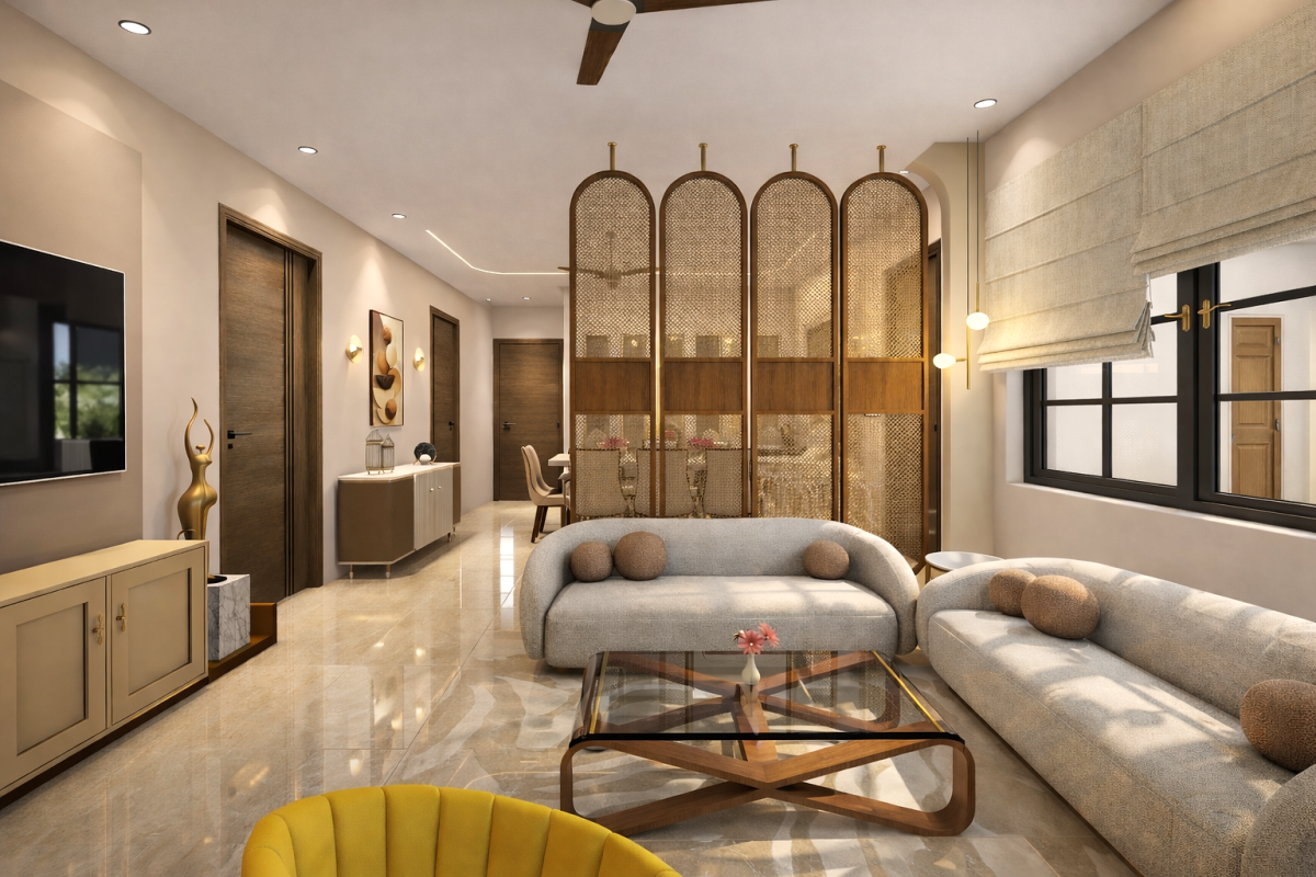 A modern living room featuring a light gray sofa with round cushions, a glass coffee table with a wooden frame, and a yellow accent chair. The space is divided by a decorative wooden partition, with wooden doors leading to other rooms visible in the background. Stylish wall art and soft lighting enhance the contemporary atmosphere.