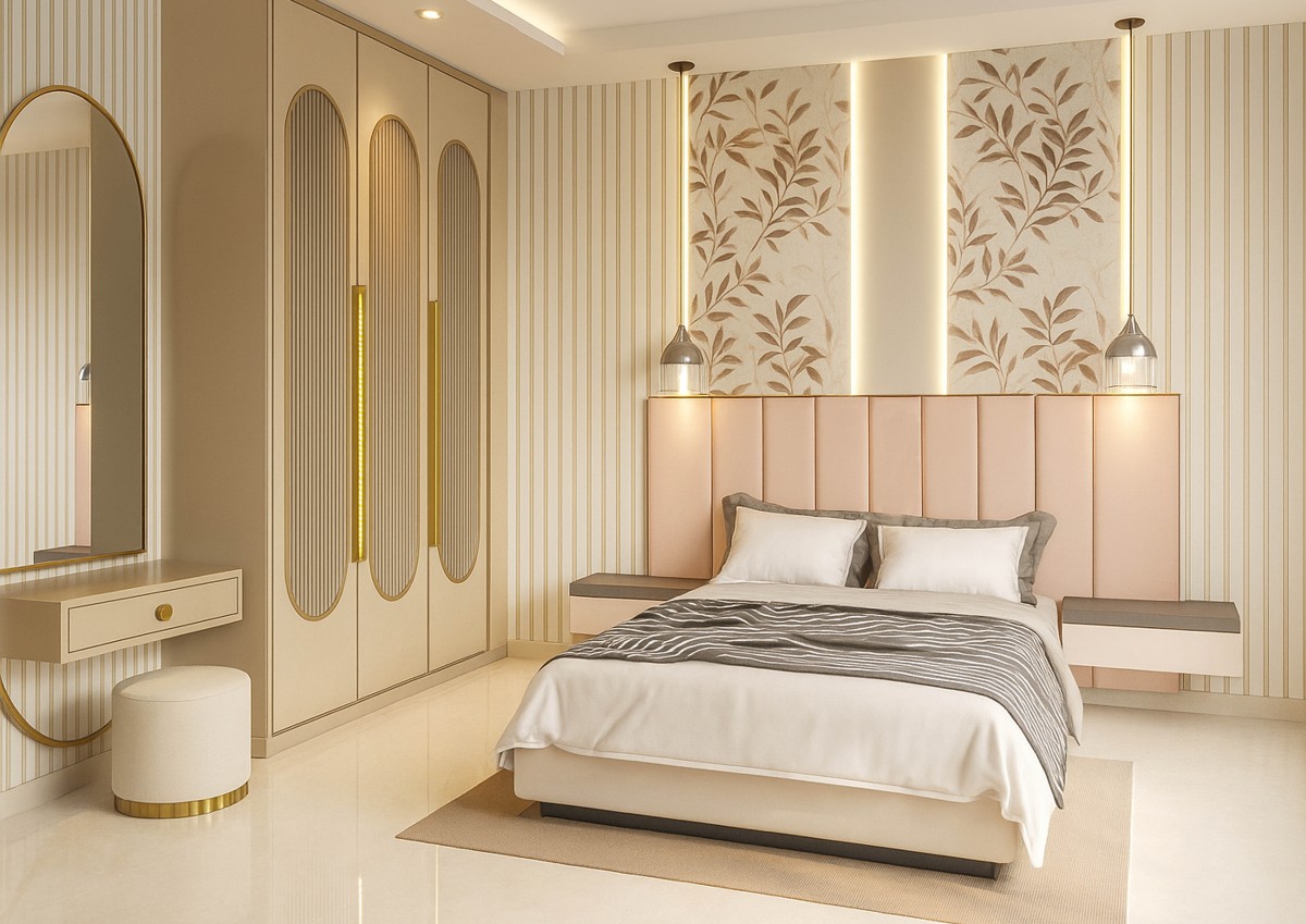 Modern bedroom featuring a pastel color scheme with a quilted bed, decorative pillows, and stylish lighting fixtures. The walls are adorned with elegant floral patterns, and there is a sleek wardrobe with gold accents alongside a matching mirror and vanity.