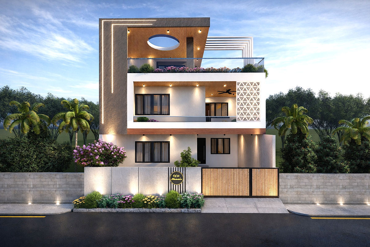 Modern three-story house exterior with large windows, a balcony, and decorative elements, surrounded by greenery and flowers.